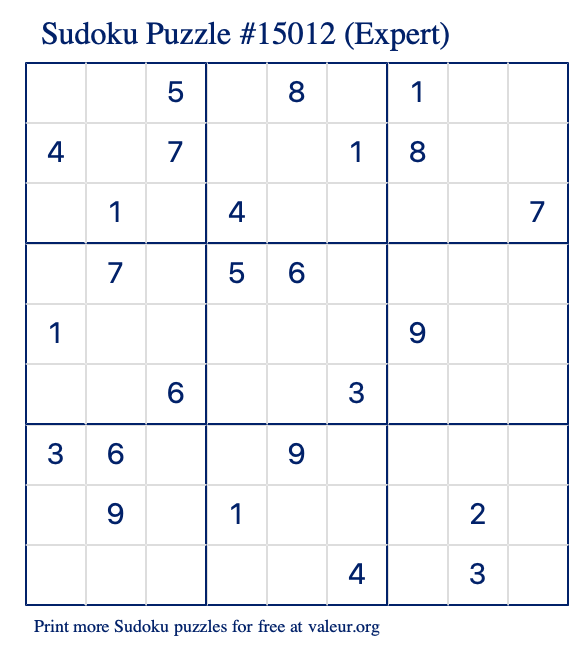 Free Printable Expert Sudoku Puzzle number 15012