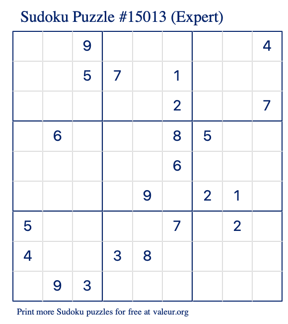 Free Printable Expert Sudoku Puzzle number 15013