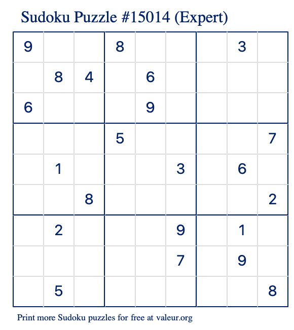Free Printable Expert Sudoku Puzzle number 15014