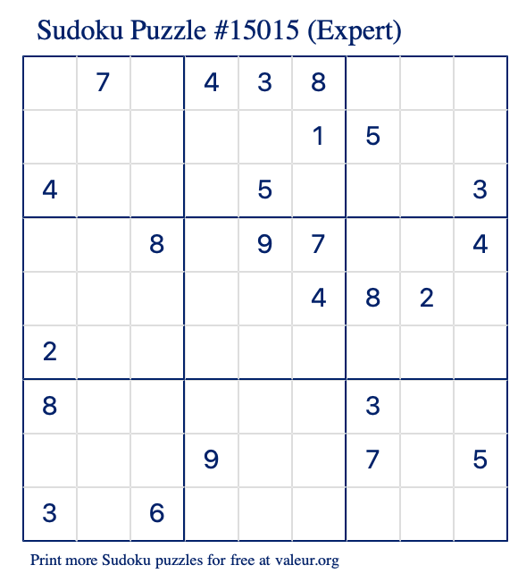 Free Printable Expert Sudoku Puzzle number 15015