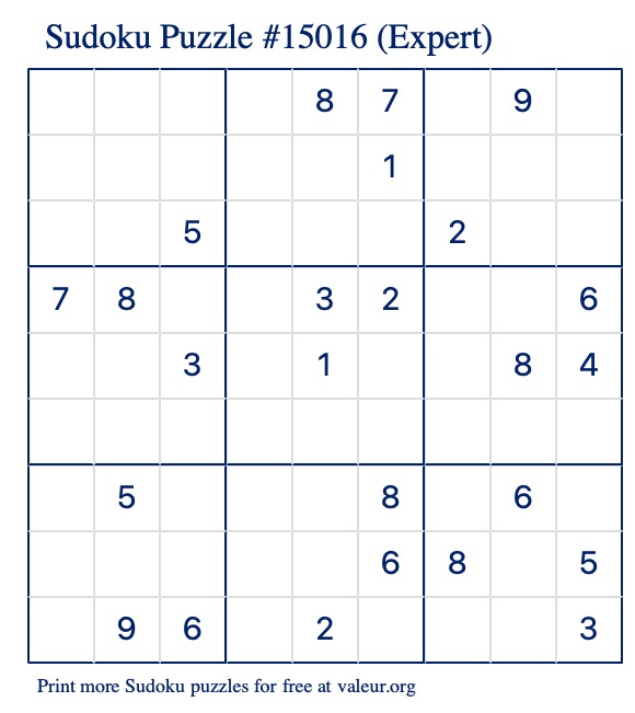 Free Printable Expert Sudoku Puzzle number 15016