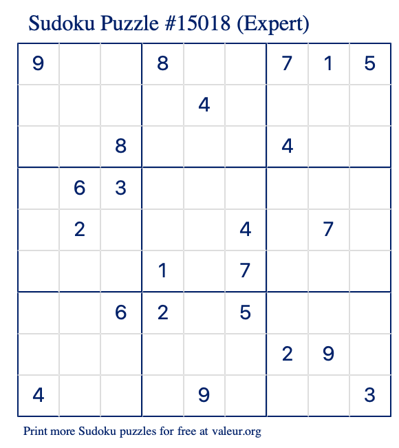 Free Printable Expert Sudoku Puzzle number 15018