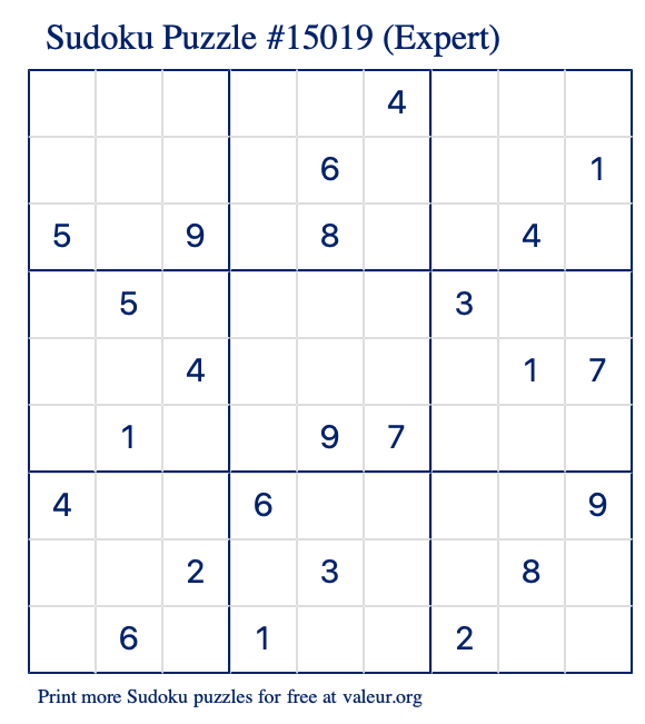 Free Printable Expert Sudoku Puzzle number 15019