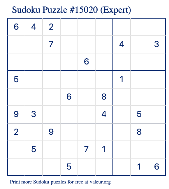 Free Printable Expert Sudoku Puzzle number 15020