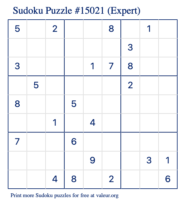 Free Printable Expert Sudoku Puzzle number 15021