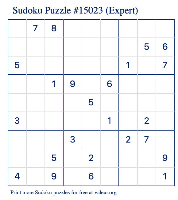 Free Printable Expert Sudoku Puzzle number 15023