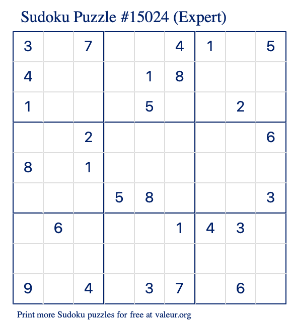 Free Printable Expert Sudoku Puzzle number 15024