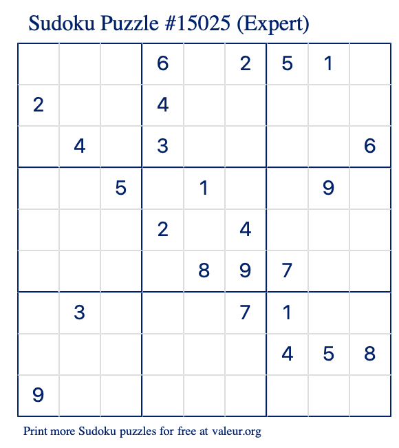 Free Printable Expert Sudoku Puzzle number 15025