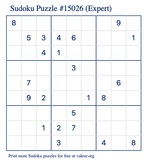 Free Printable Expert Sudoku Puzzle number 15026