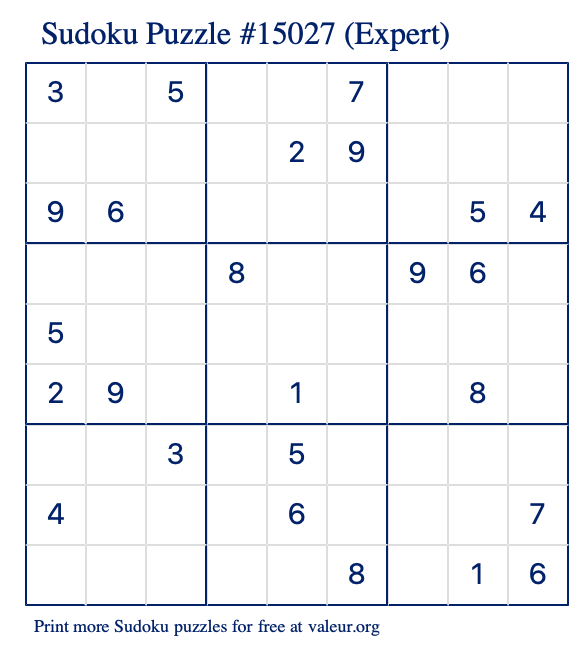 Free Printable Expert Sudoku Puzzle number 15027