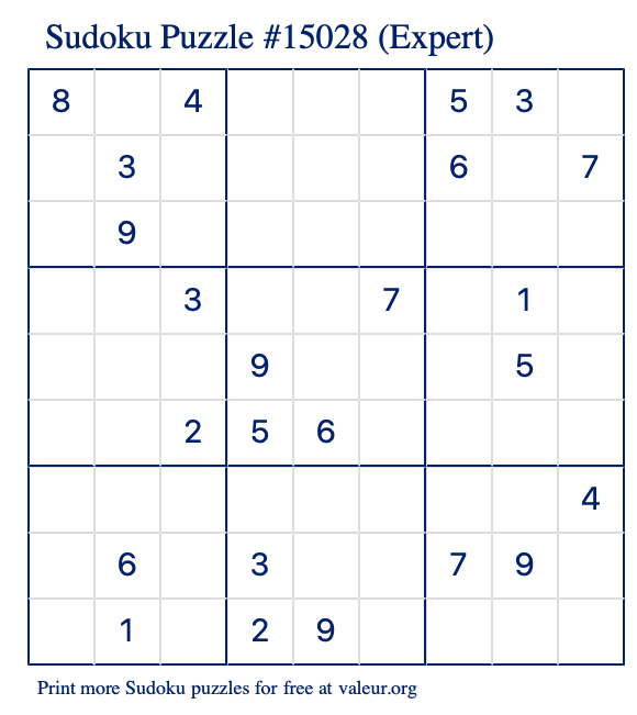 Free Printable Expert Sudoku Puzzle number 15028