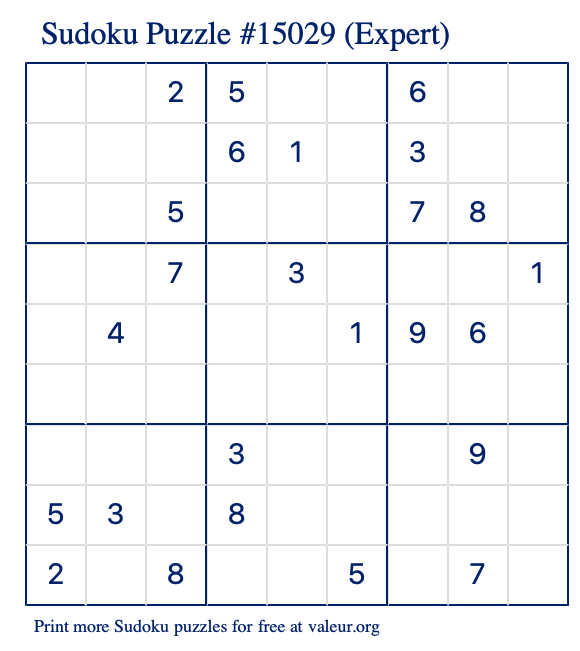 Free Printable Expert Sudoku Puzzle number 15029