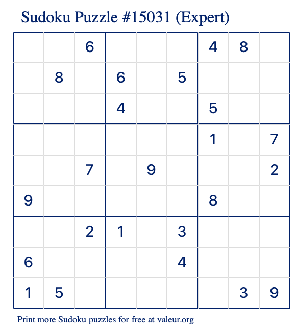 Free Printable Expert Sudoku Puzzle number 15031