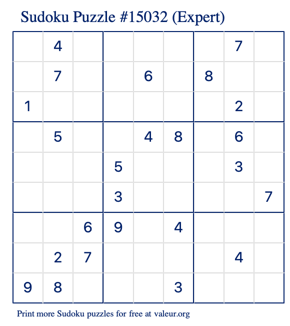 Free Printable Expert Sudoku Puzzle number 15032