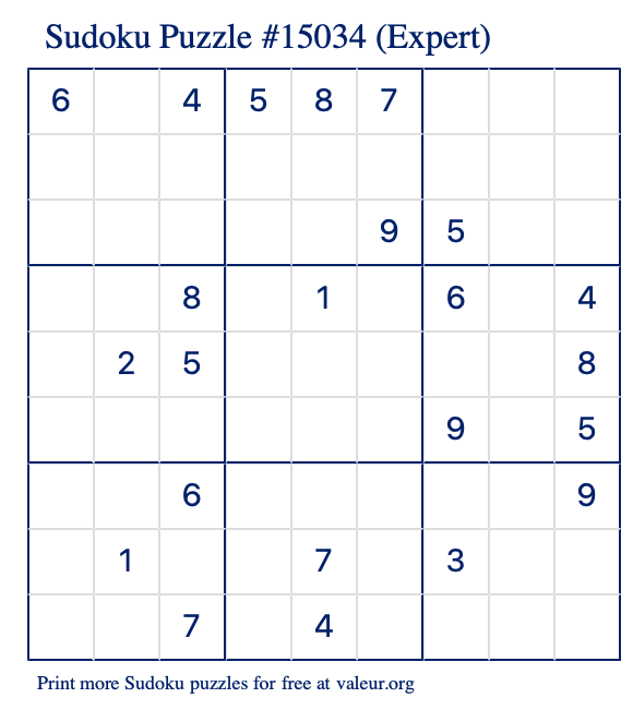 Free Printable Expert Sudoku Puzzle number 15034