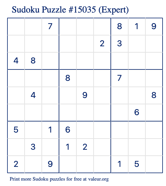 Free Printable Expert Sudoku Puzzle number 15035