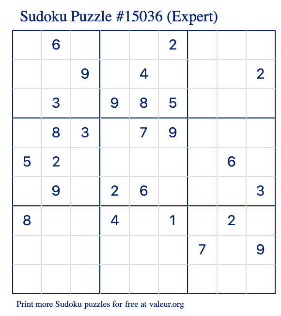 Free Printable Expert Sudoku Puzzle number 15036