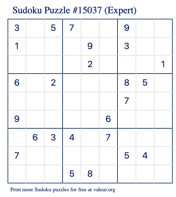 Free Printable Expert Sudoku Puzzle number 15037