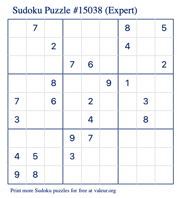 Free Printable Expert Sudoku Puzzle number 15038