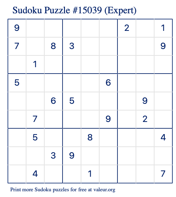 Free Printable Expert Sudoku Puzzle number 15039