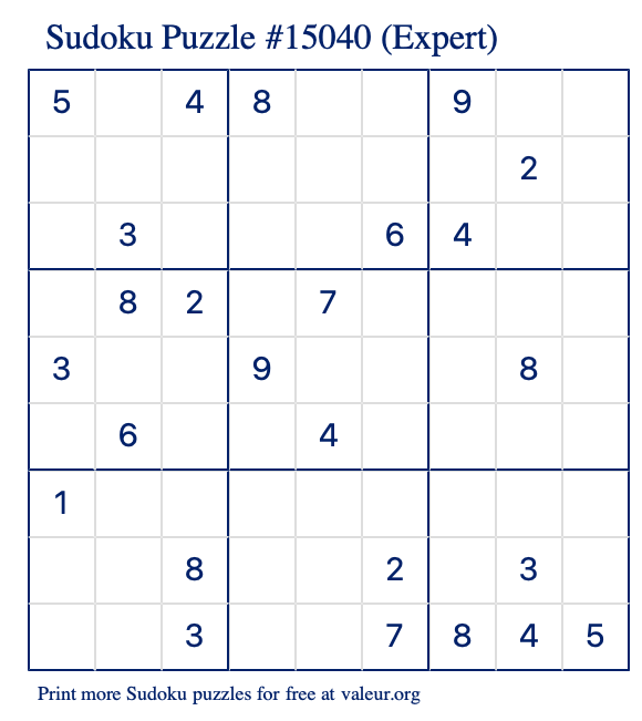 Free Printable Expert Sudoku Puzzle number 15040