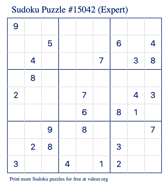 Free Printable Expert Sudoku Puzzle number 15042