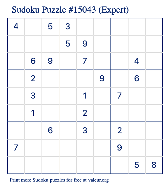 Free Printable Expert Sudoku Puzzle number 15043