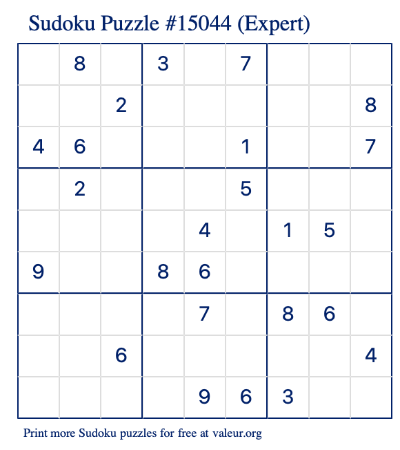 Free Printable Expert Sudoku Puzzle number 15044