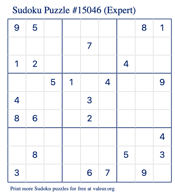 Free Printable Expert Sudoku Puzzle number 15046