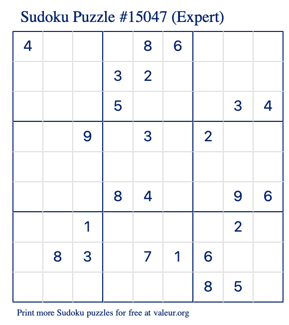 Free Printable Expert Sudoku Puzzle number 15047