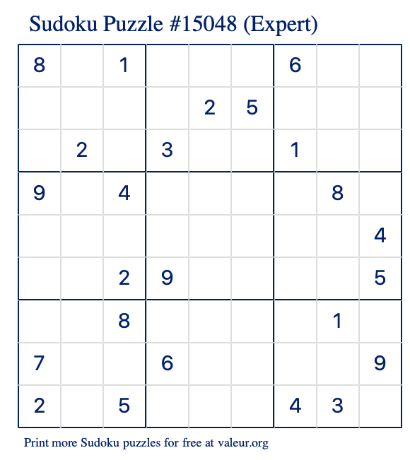 Free Printable Expert Sudoku Puzzle number 15048