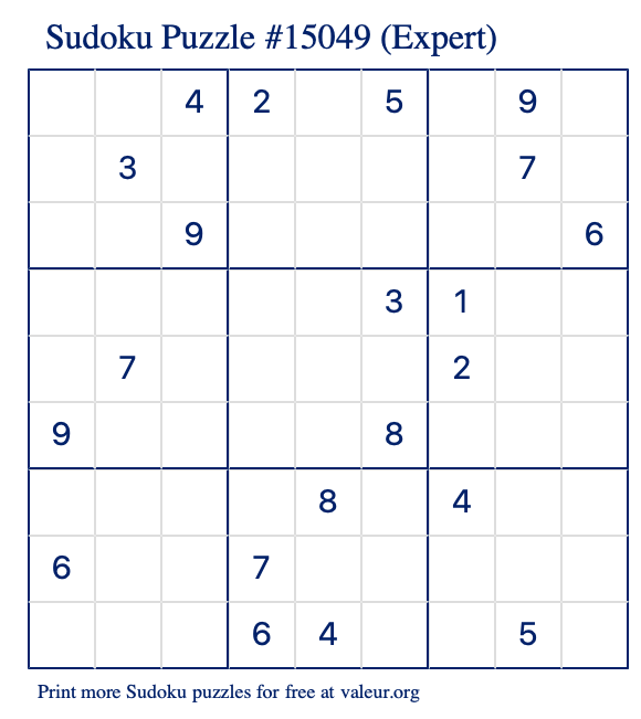 Free Printable Expert Sudoku Puzzle number 15049