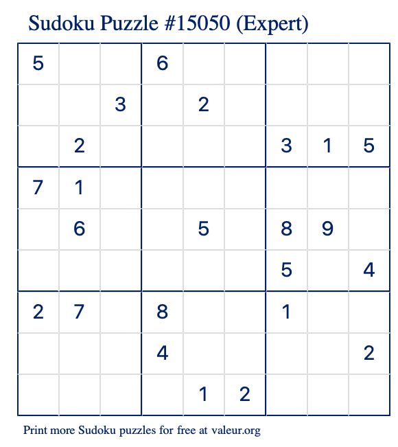 Free Printable Expert Sudoku Puzzle number 15050