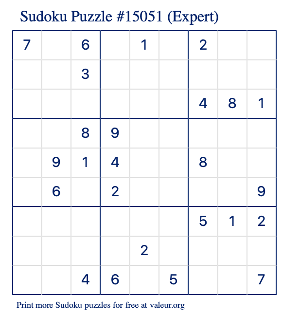 Free Printable Expert Sudoku Puzzle number 15051