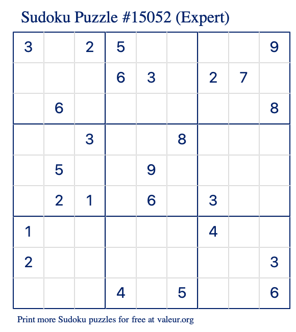 Free Printable Expert Sudoku Puzzle number 15052