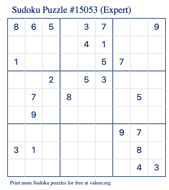 Free Printable Expert Sudoku Puzzle number 15053