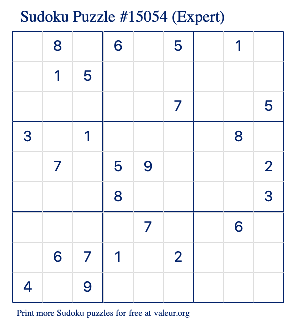 Free Printable Expert Sudoku Puzzle number 15054