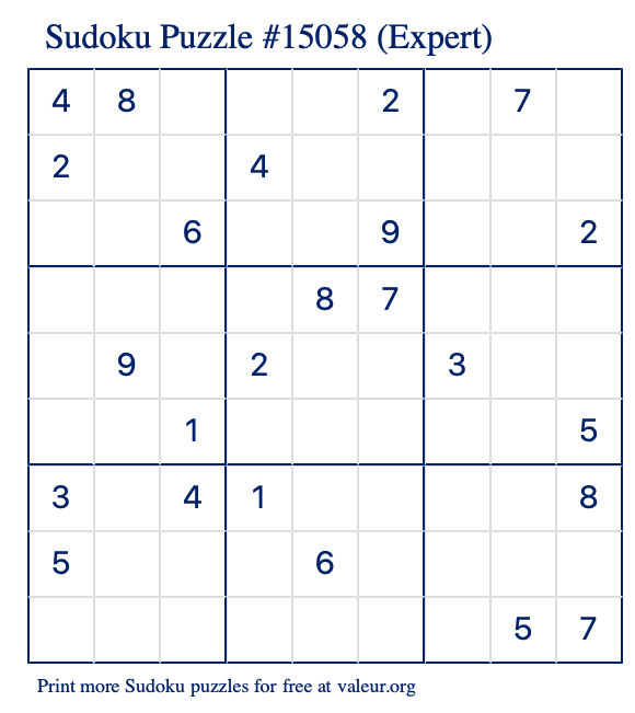 Free Printable Expert Sudoku Puzzle number 15058