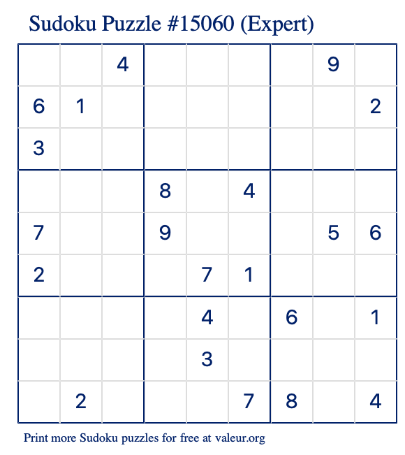 Free Printable Expert Sudoku Puzzle number 15060