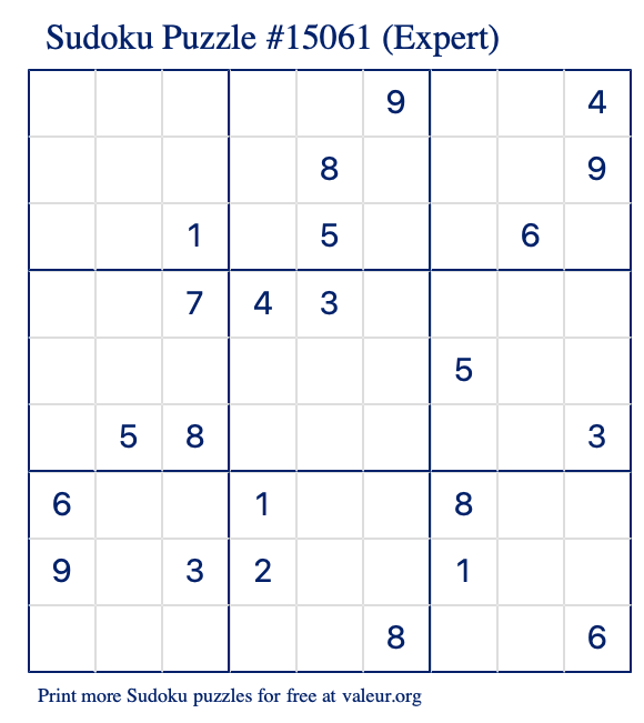 Free Printable Expert Sudoku Puzzle number 15061