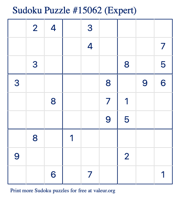 Free Printable Expert Sudoku Puzzle number 15062