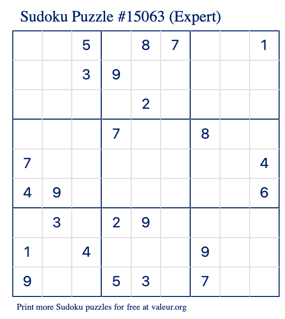 Free Printable Expert Sudoku Puzzle number 15063