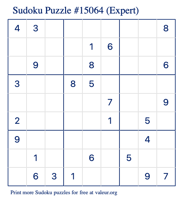 Free Printable Expert Sudoku Puzzle number 15064