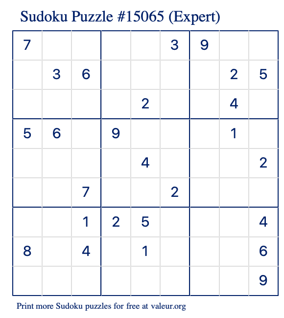 Free Printable Expert Sudoku Puzzle number 15065