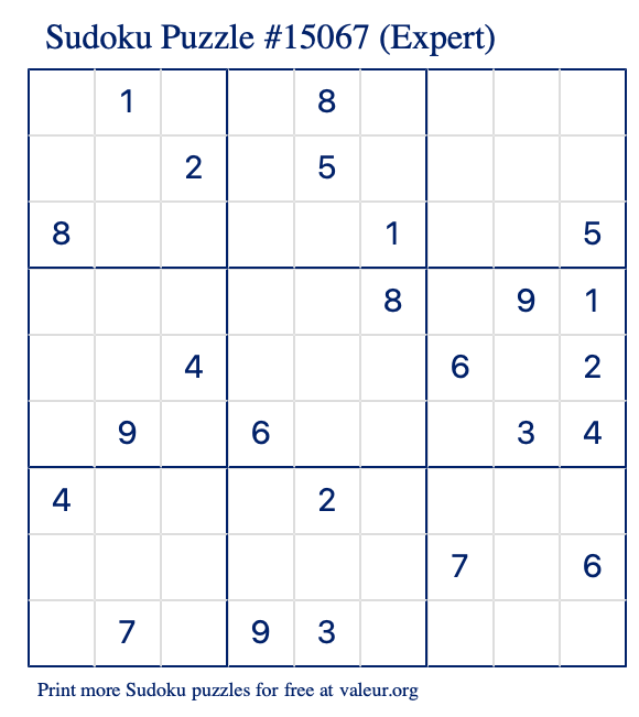 Free Printable Expert Sudoku Puzzle number 15067