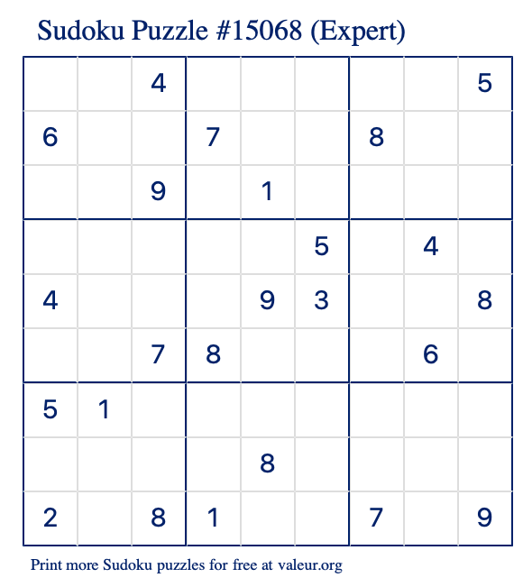 Free Printable Expert Sudoku Puzzle number 15068