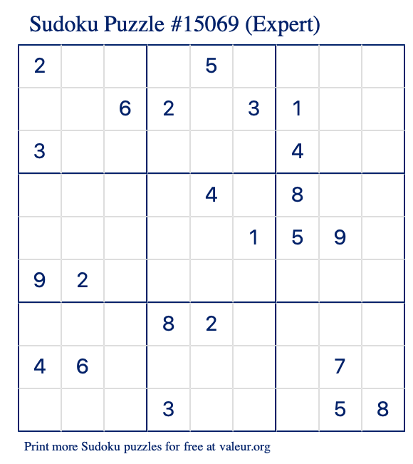 Free Printable Expert Sudoku Puzzle number 15069