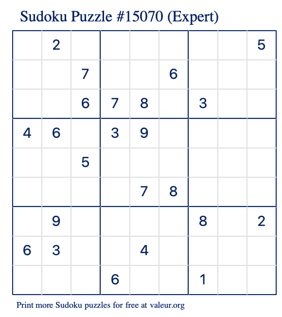 Free Printable Expert Sudoku Puzzle number 15070