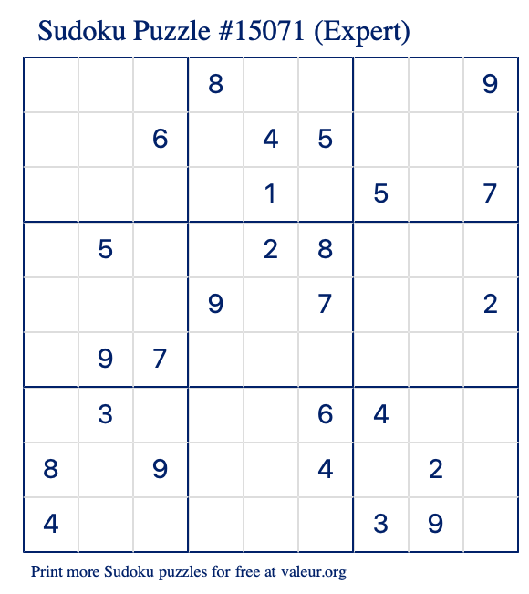 Free Printable Expert Sudoku Puzzle number 15071