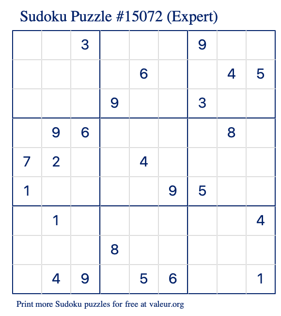 Free Printable Expert Sudoku Puzzle number 15072